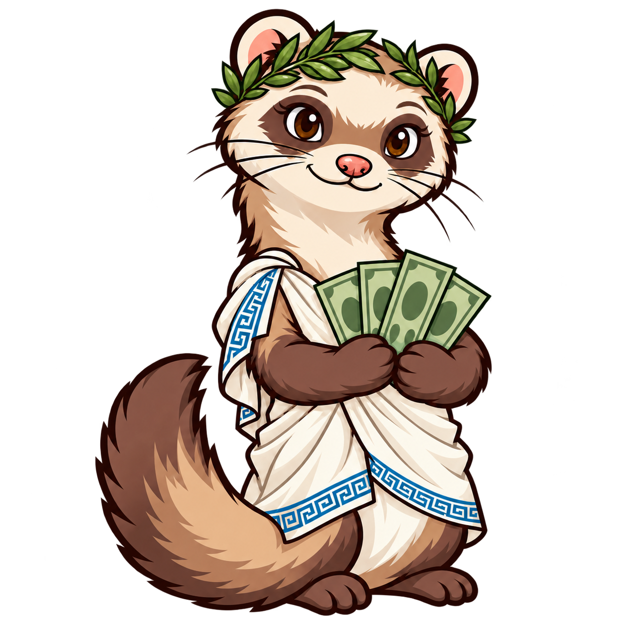 Fetta the Ferret in her blue-trimmed toga, proudly holding her savings